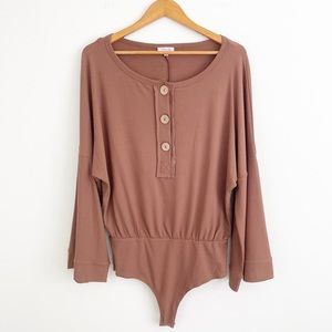 Pink Lily Brown Ribbed Button Down Thong Bodysuit Size Medium